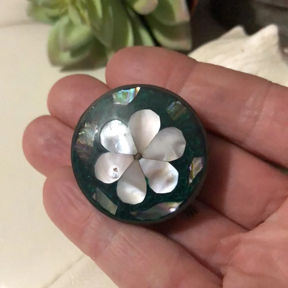 Handmade Vintage Mini Metal Tin-Abalone Inlay Cover Detail